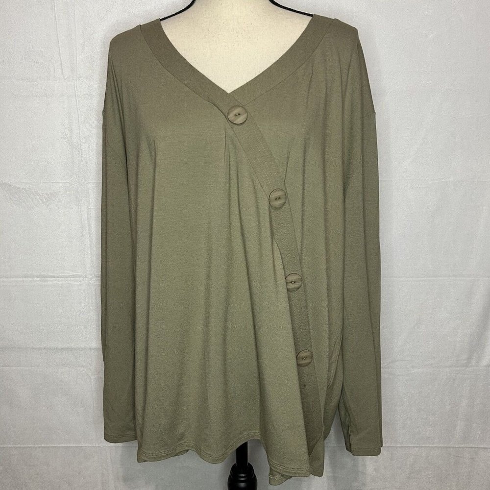J Jill Stretch Womens Sz 3X Olive Green Faux Wrap Crossover Tunic Big Buttons